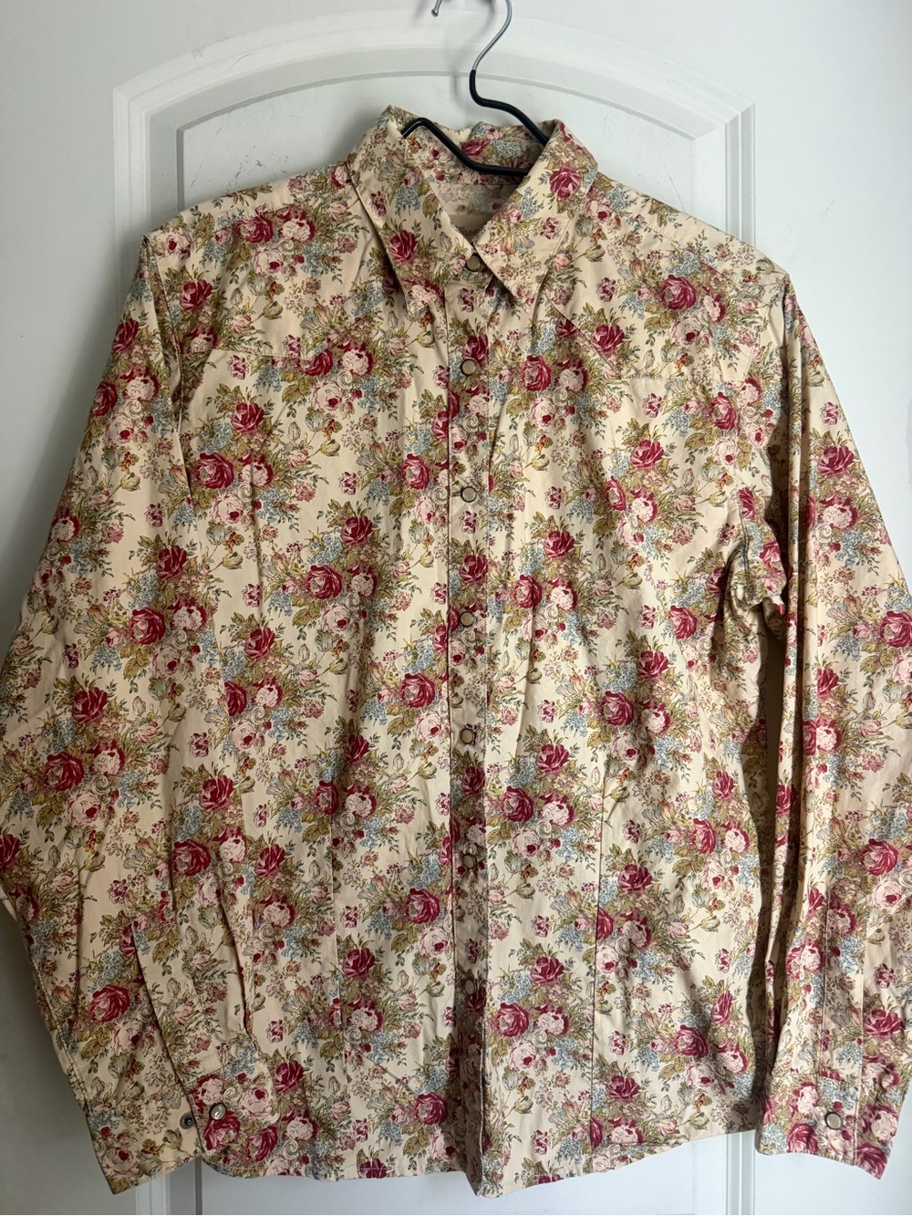 Wrangler Cream Shirt Rose Floral Print M pearl snap cotton long sleeve rodeo - Picture 2 of 7